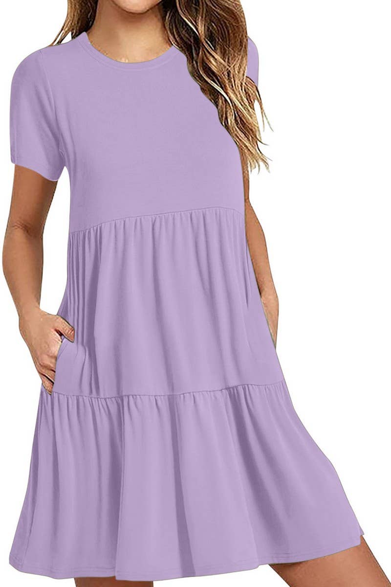 CWDSD8922_ROUND NECK SOLID COLOR CASUAL STITCHING DRESS