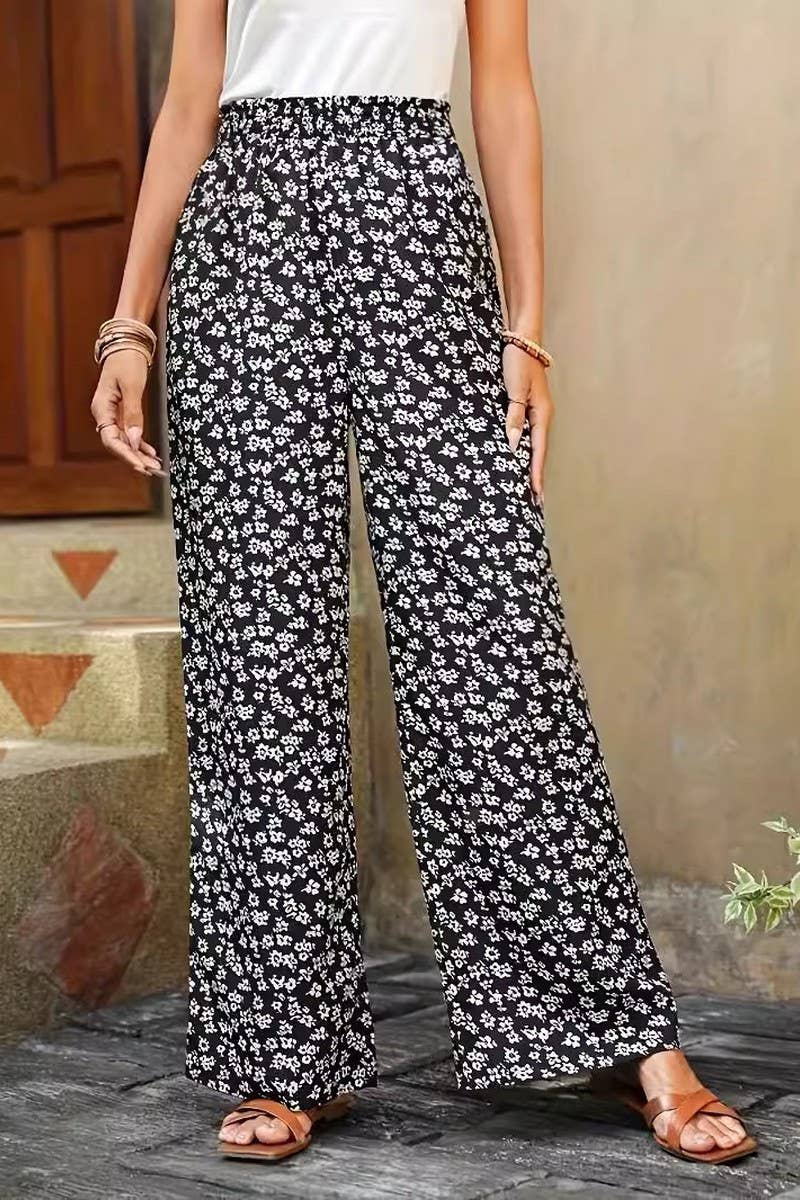 CWBLP1128_HIGH-WAISTED FLORAL LOOSE WIDE-LEG PANTS
