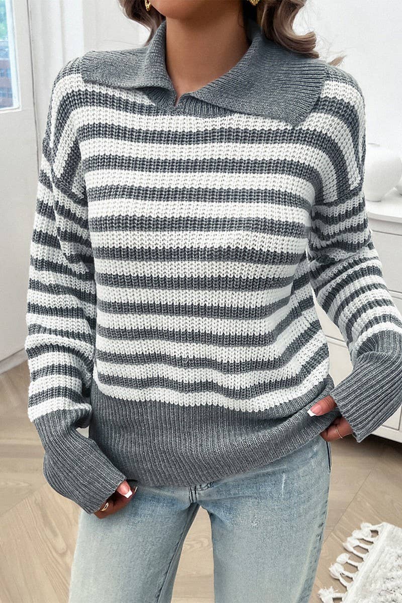 CWOSWL6817_CASUAL LOOSE LAPEL STRIPED LONG SLEEVE SWEATER