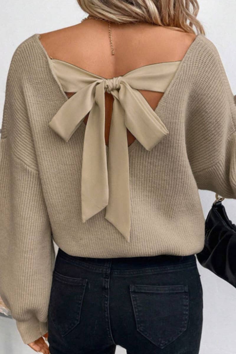 CWOSWL5207_SEXY V-NECK BACK LACE-UP LONG-SLEEVED SWEATER