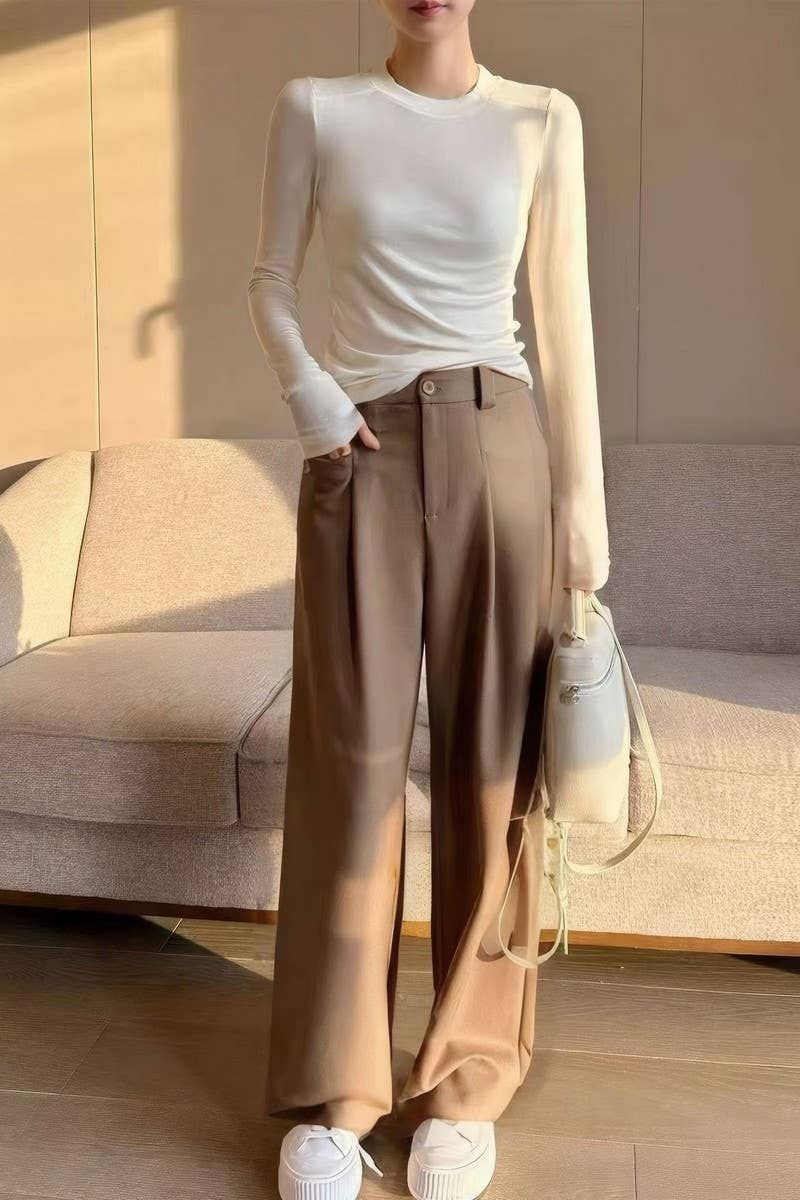 CWBLP2095_HIGH WAIST SLIM STRAIGHT DRAPED DRESS PANTS