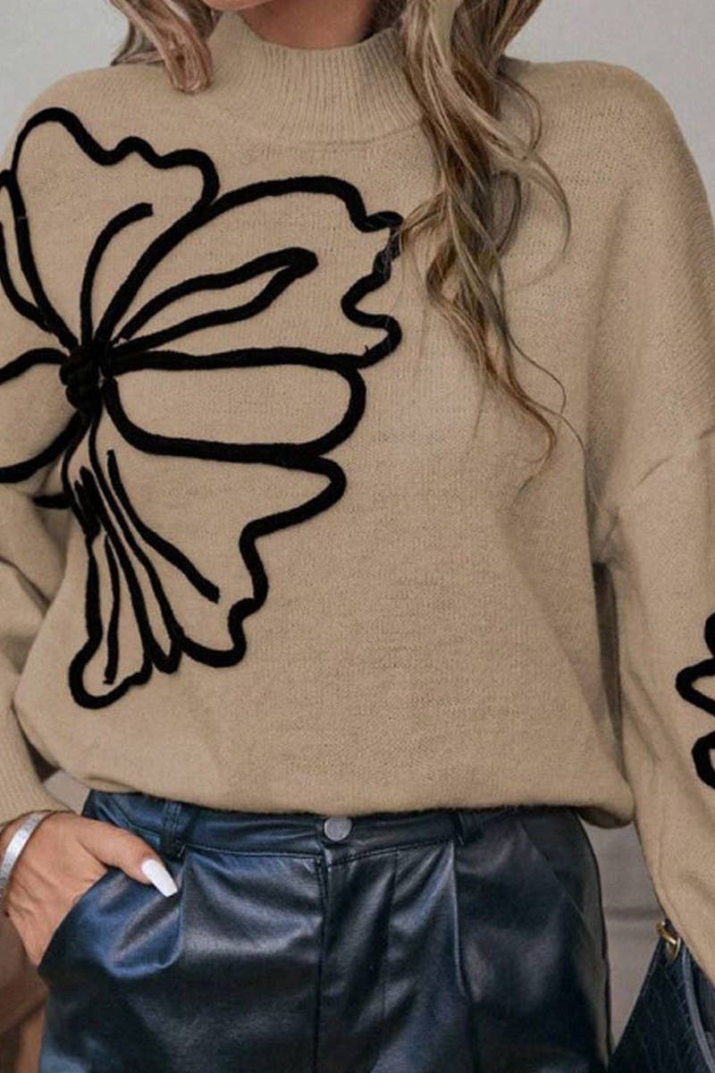 CWOSWL07303_EMBROIDERED 3D FLORAL HIGH NECK KNIT SWEATER