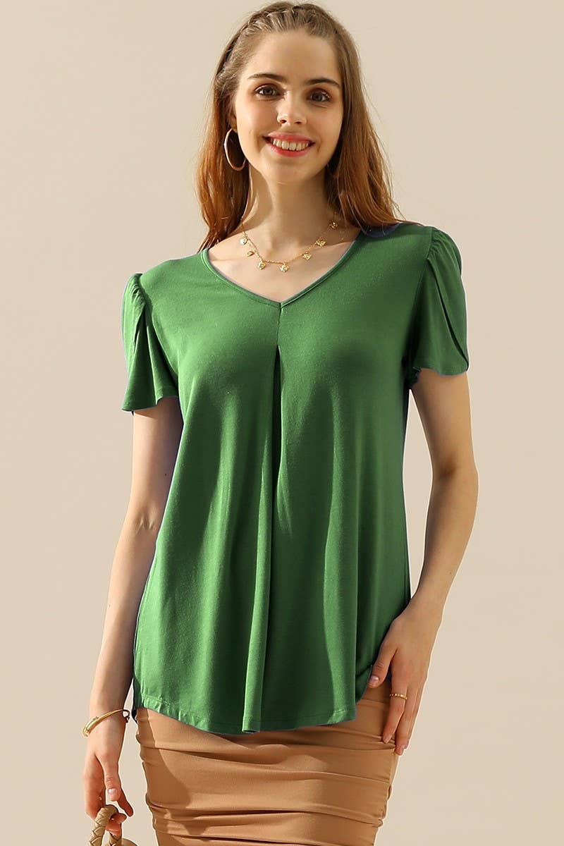 CWTTS561_SOLID V NECK SHORT TULIP SLEEVE TUNIC TOPS