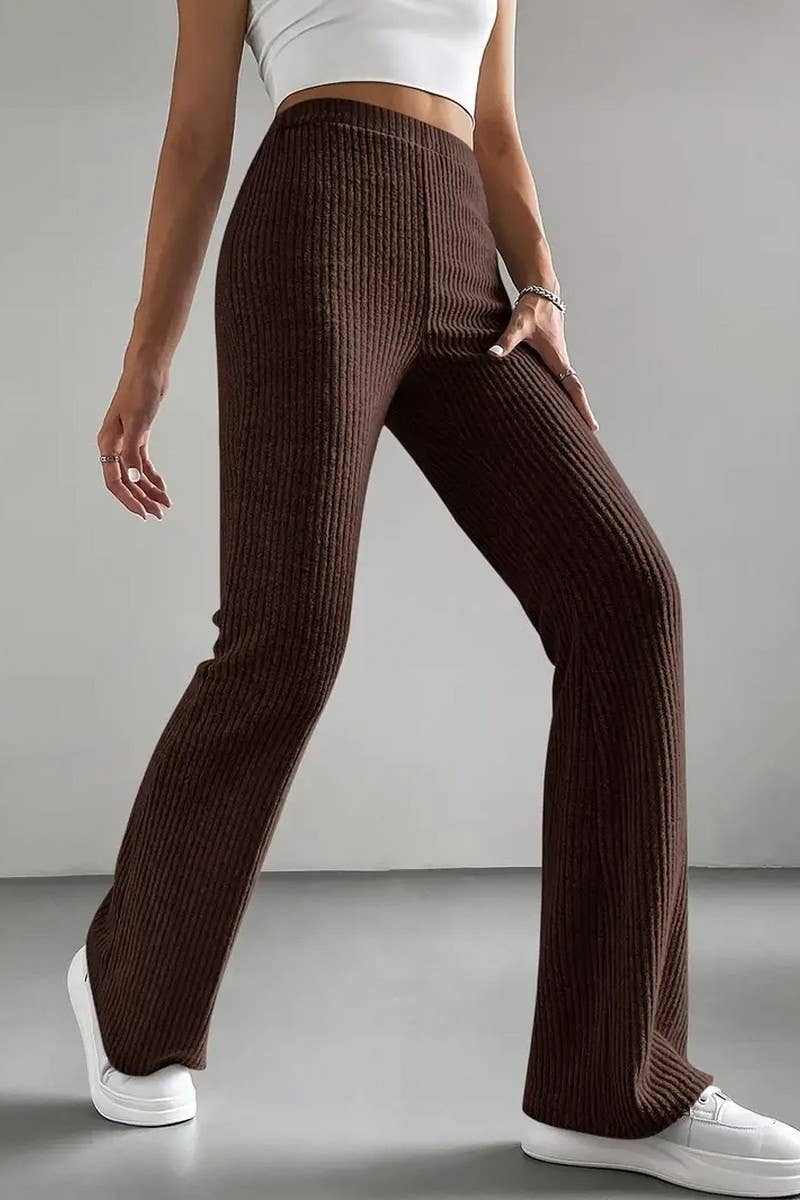 CWBLP1118_SOLID RIBBED SLIM-FIT KNIT BOOTCUT PANTS