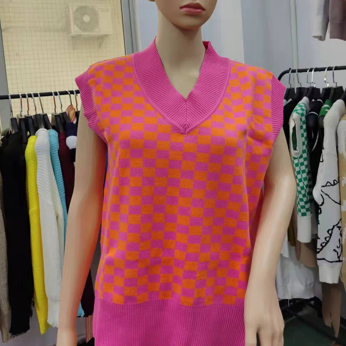 COLOR CONTRAST PLAID TEMPERAMENT V-NECK WOOL VEST