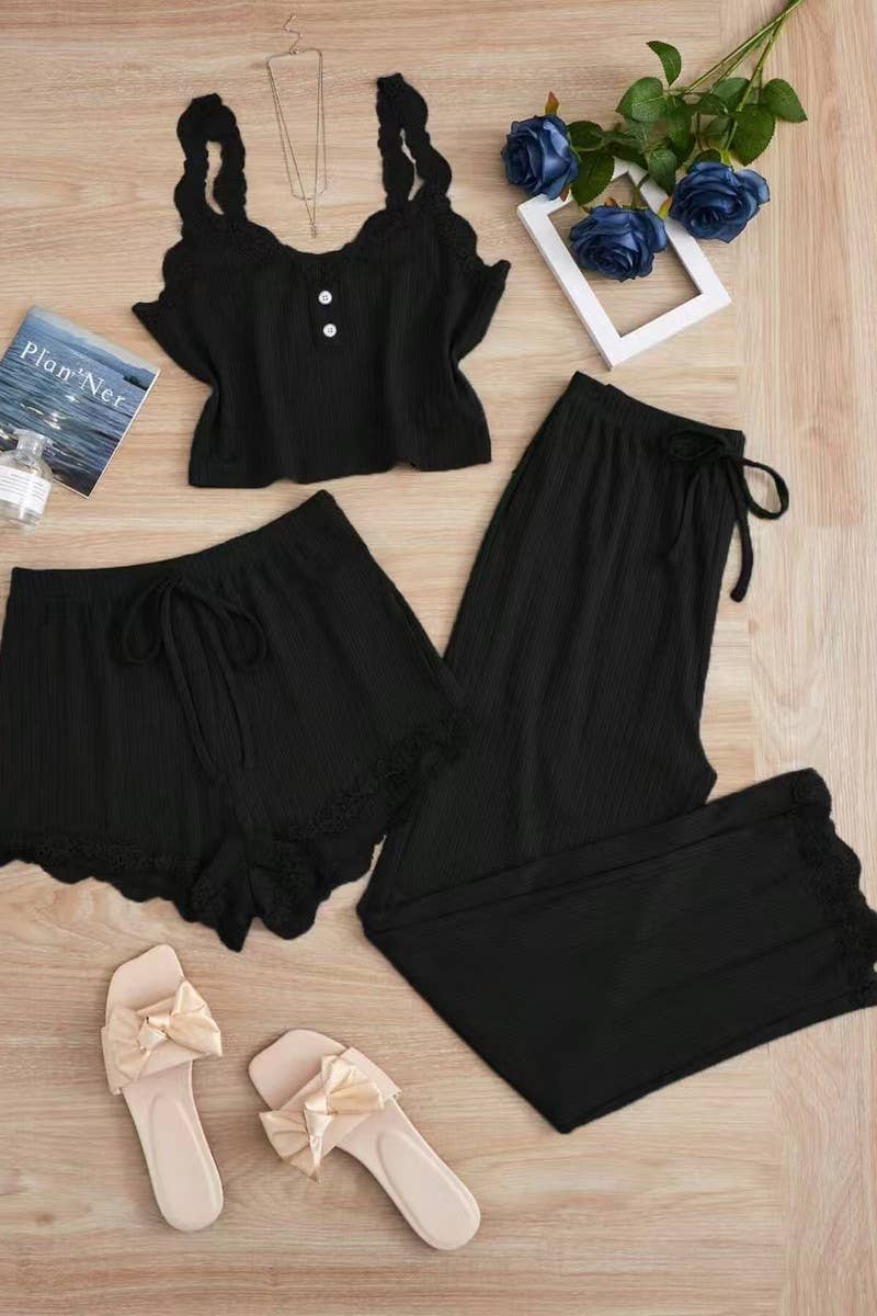 CWSPJ00474_LACE 3 PIECE SLEEPWEAR SHORTS PANTS SET