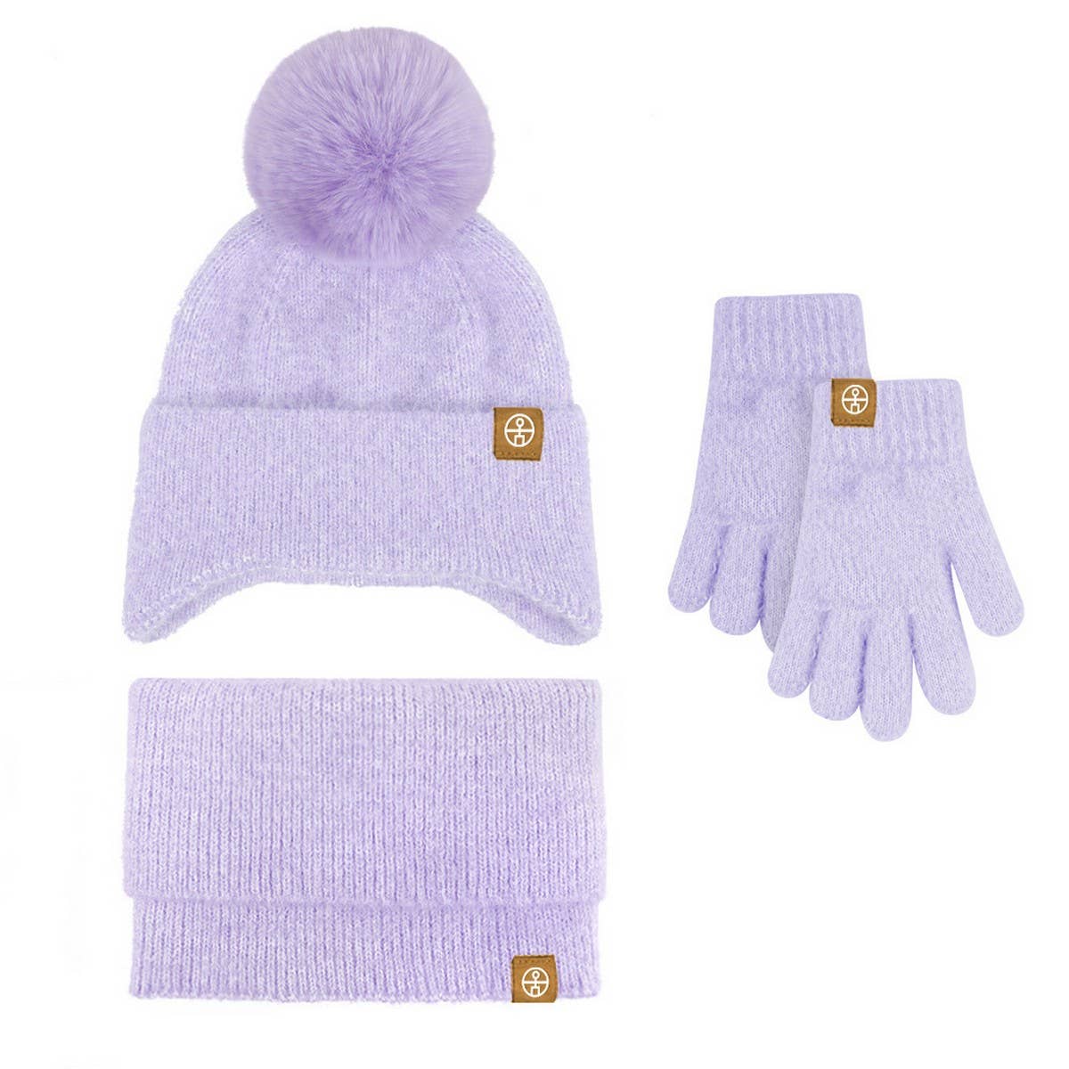 KNITTED POM POM EARMUFF HAT THREE-PIECE SET