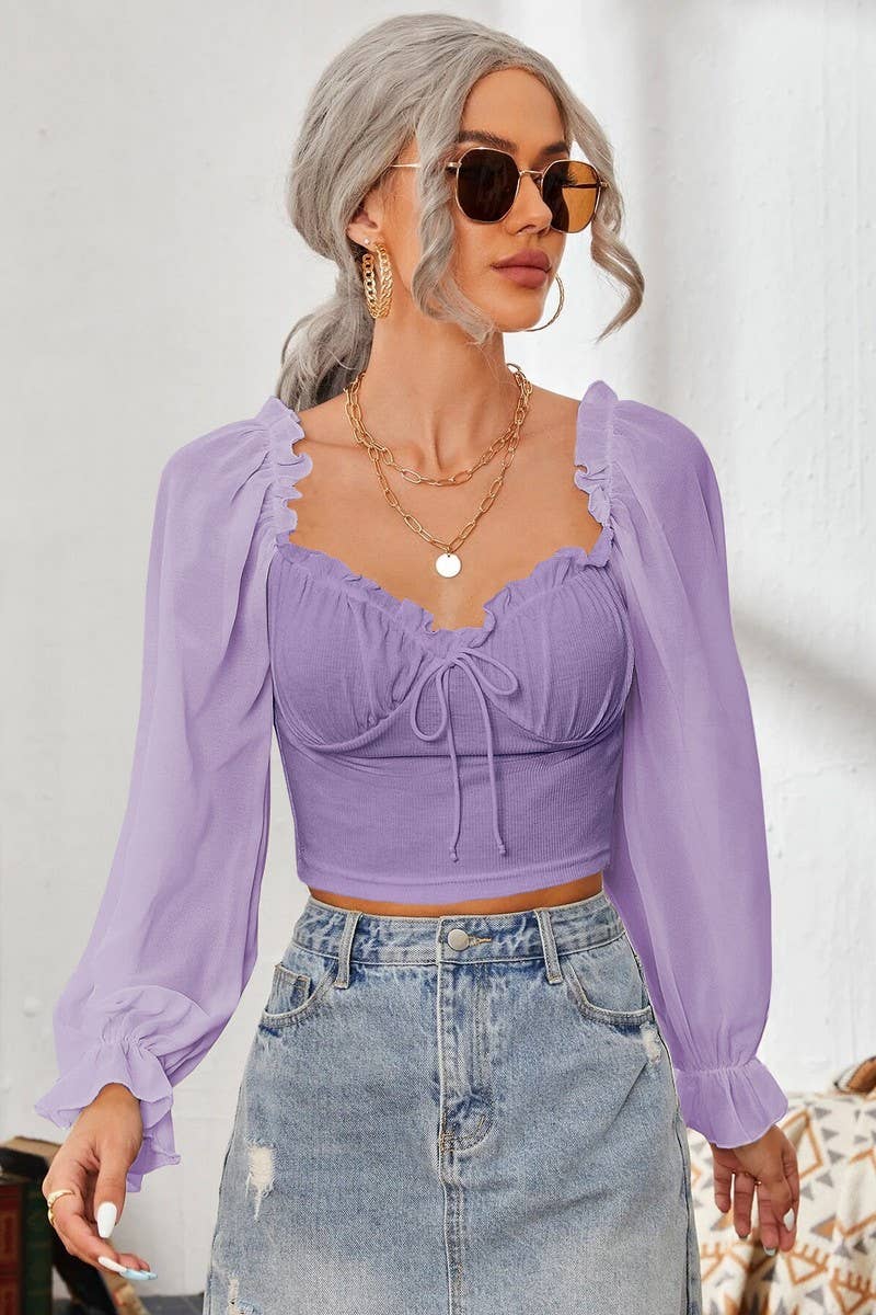 CWTBLL2261_SQUARE COLLAR RUFFLED LONG SLEEVE SHORT TOP