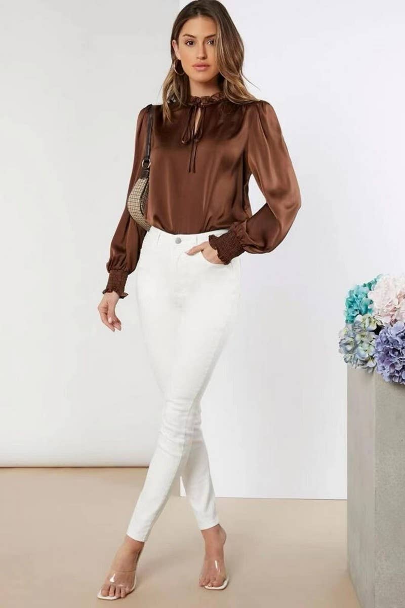 CWTBLL3858_SOLID COLOR ROUND NECK SLEEVE TIE WAIST SATIN TOP