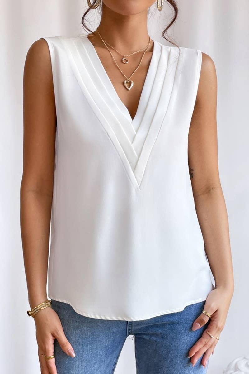 CWOV0332_SUMMER MULTI-LEVEL V-NECK SOLID COLOR TANK TOP