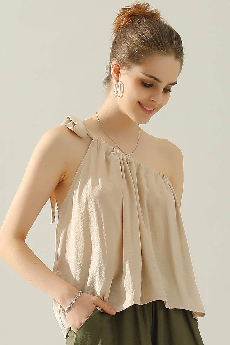 CWTHT028_ONE SHOULDER BOW TIE STRAP SATIN SILK BLOUS TOP