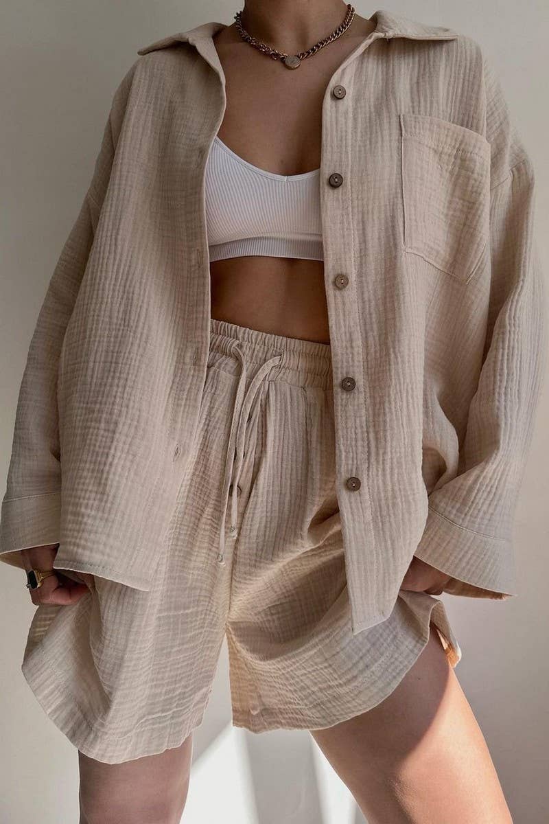 CWSTB1358_LAPEL SHIRT DRAWSTRING SHORTS TWO-PIECE SET