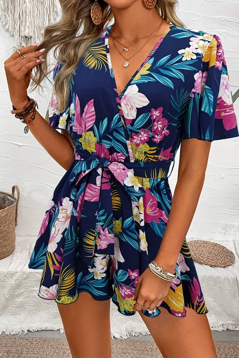 CWSJS1515_BEACH VACATION STYLE LOOSE BELT PRINTED JUMPSUIT