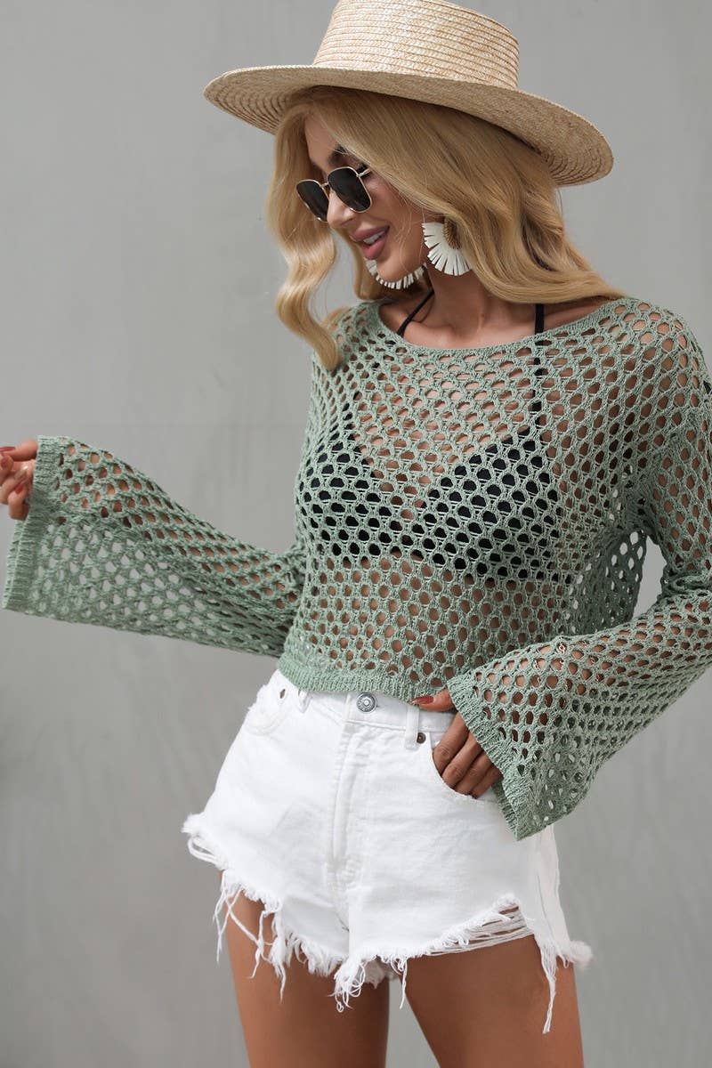 CWTSTL1025_Mesh crochet long-sleeved Cover Ups