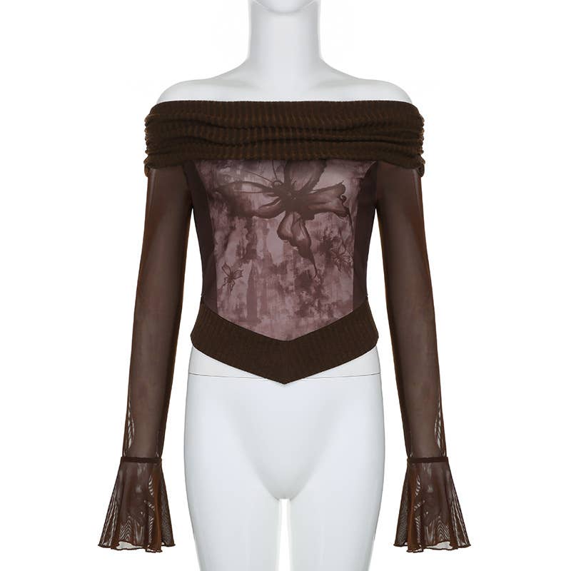 Dark retro printed flared sleeve T-shirt