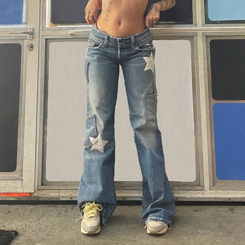 Aged five-pointed star printed high-waisted jeans