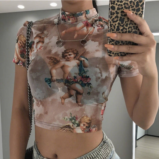 Cupid print short short-sleeved mesh T-shirt