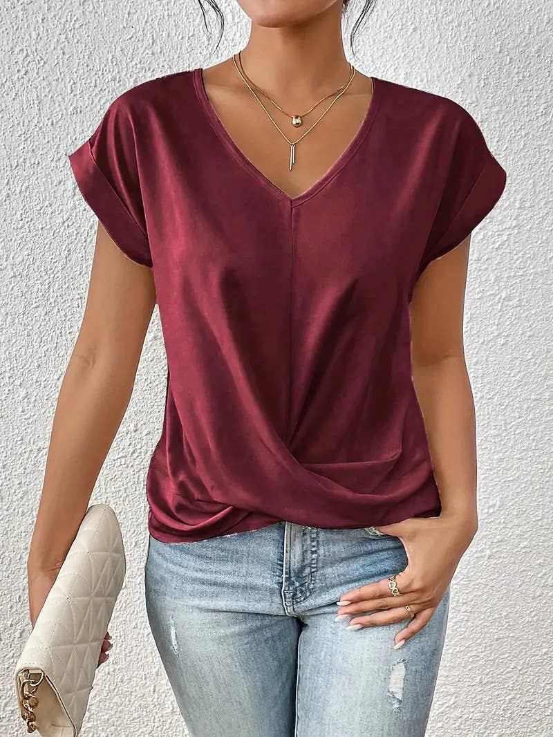 Elegant short-sleeved solid-color V-neck T-shirt