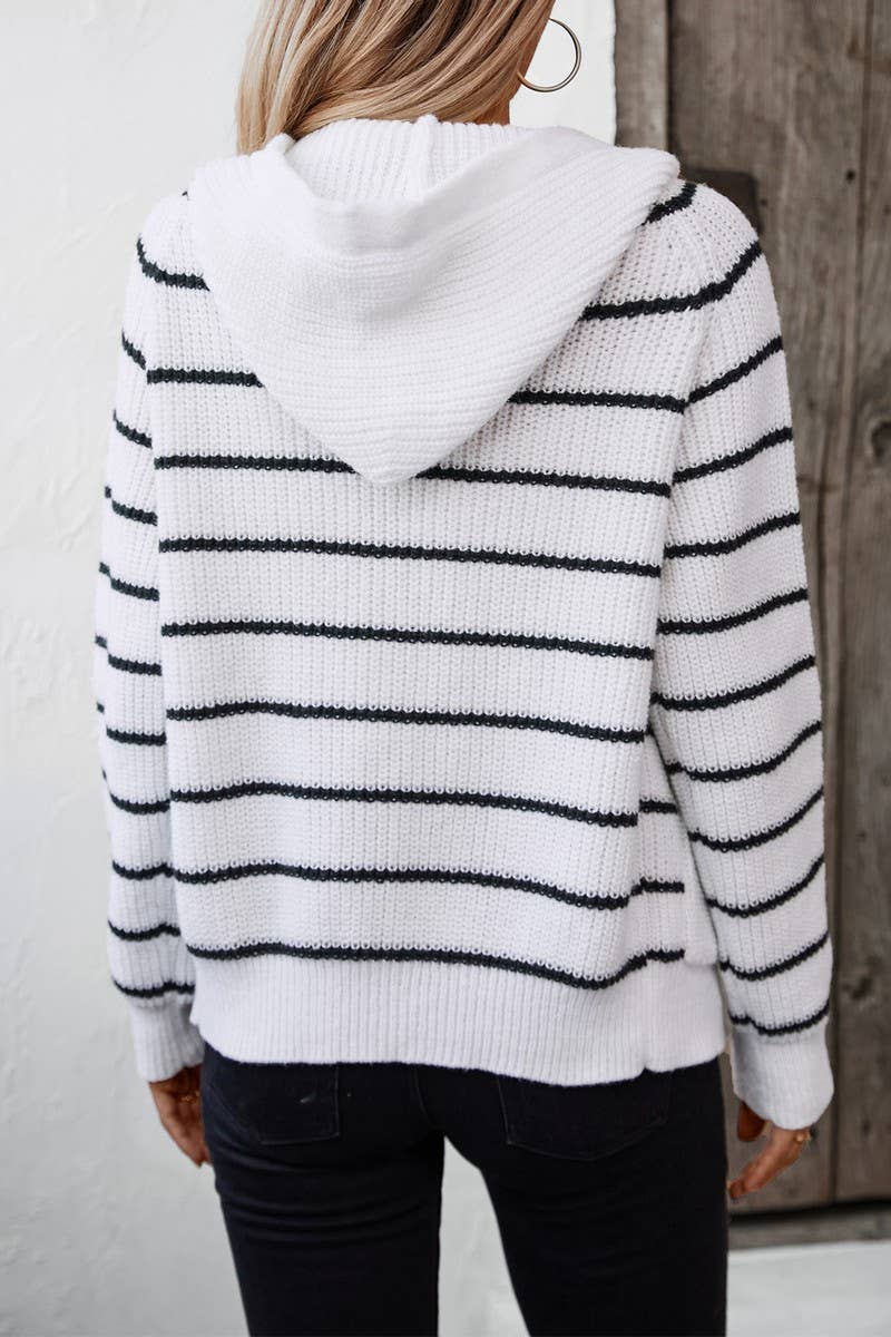 CWOCAL0851_HOODED POCKET STRIPED KNITTED CARDIGAN