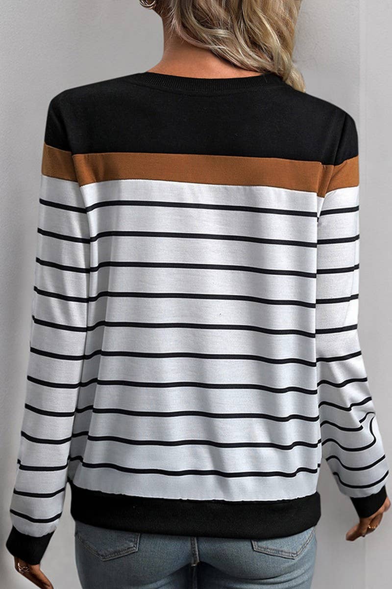 CWTBLL1737_CASUAL LONG-SLEEVED ROUND-NECK STRIPED SWEATSHIRT