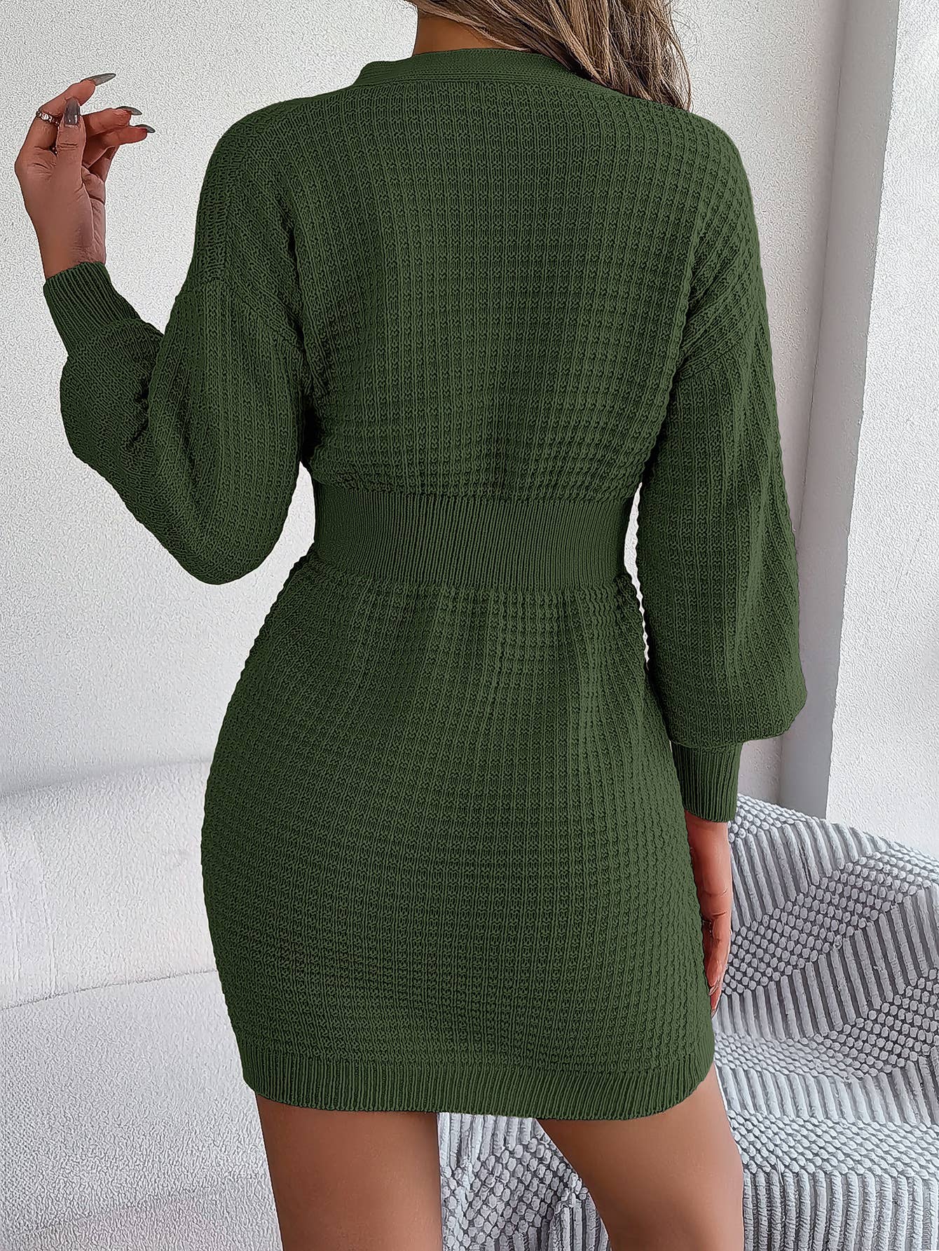 BUTTON-DOWN V-NECK SWEATER DRESS WITH HIP WRAP