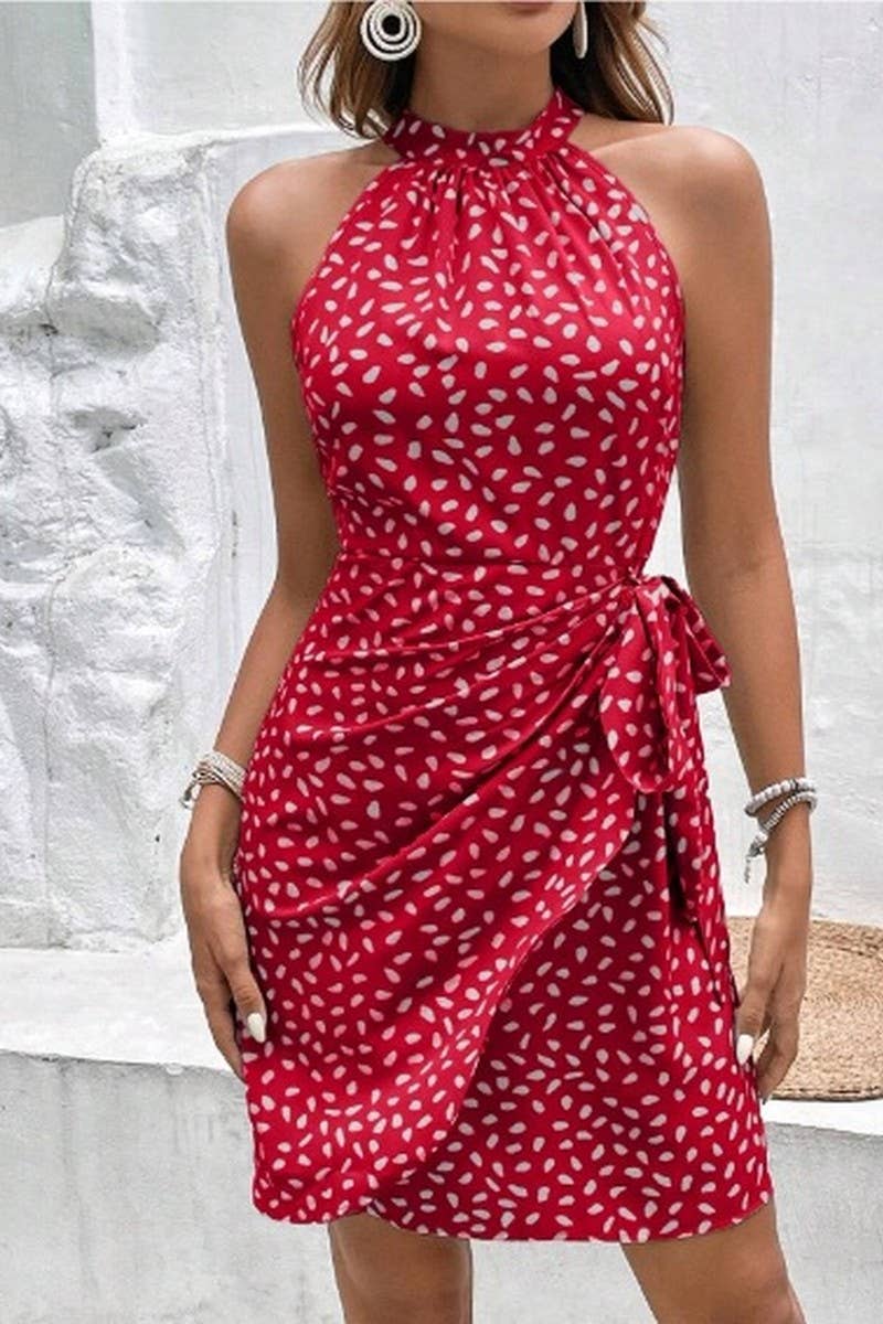 CWDSD10612_FASHIONABLE HALTERNECK FLORAL PLEATED SHORT DRESS