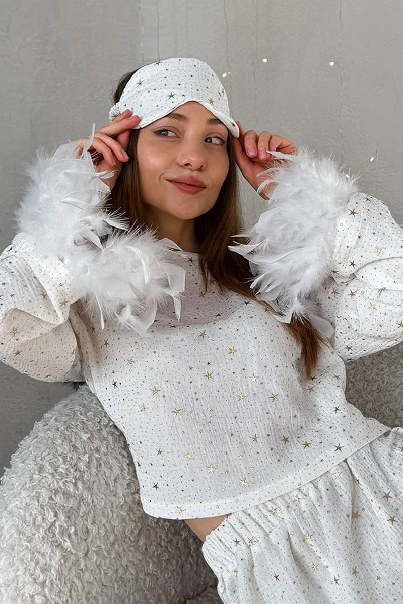 CWSPJ0311_PURE COTTON FEATHER LONG-SLEEVED SHORTS PAJAMAS