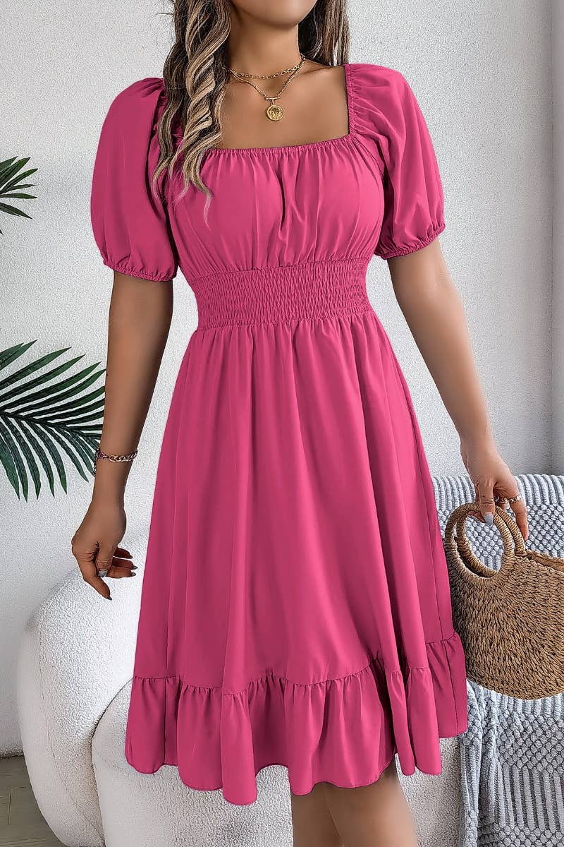 CWDSD4632_SQUARE NECK SHORT SLEEVE WAIST PEPLUM DRESS