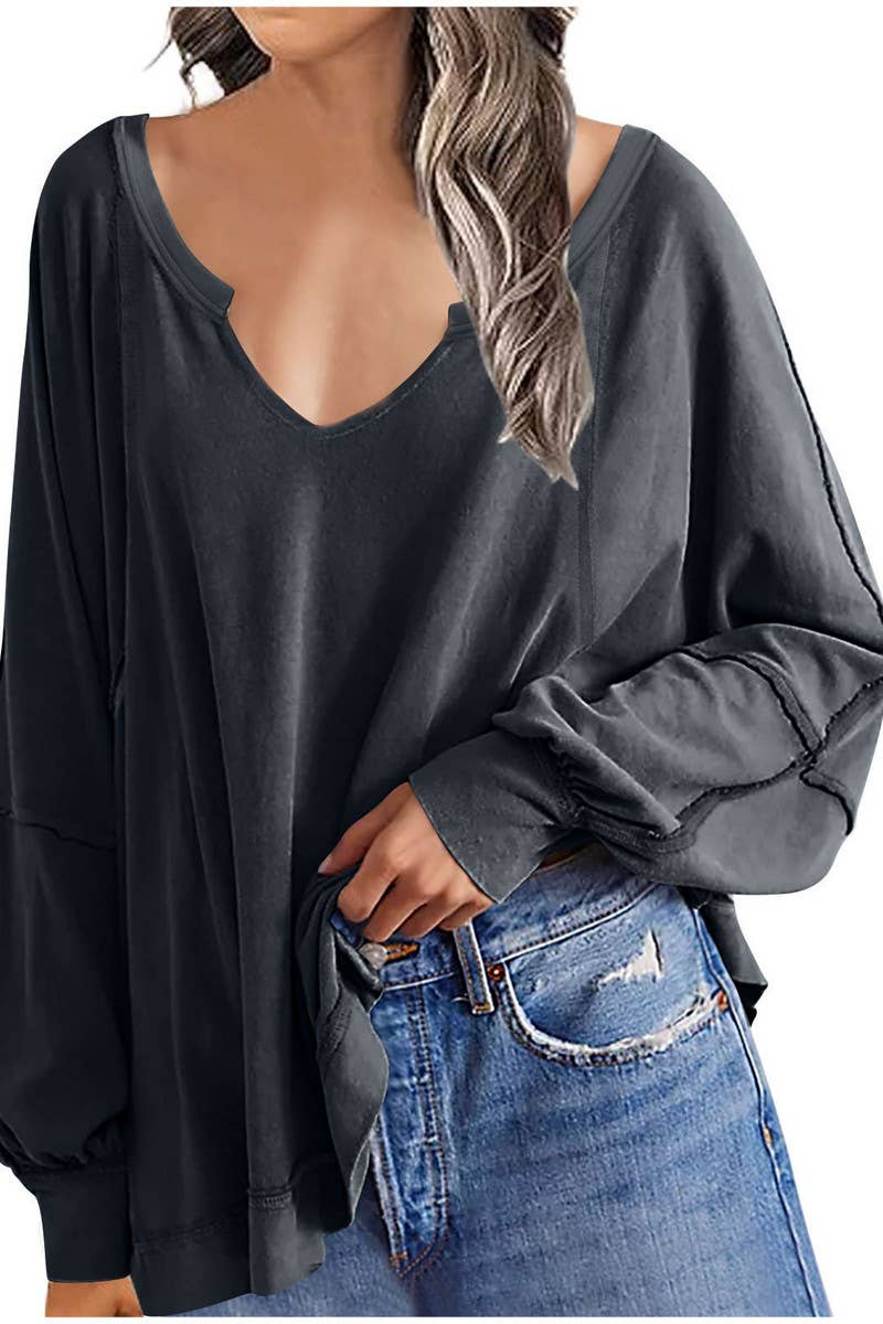 CWTBLL3940_LOOSE SOLID V-NECK ASYMMETRICAL LONG SLEEVE TEE