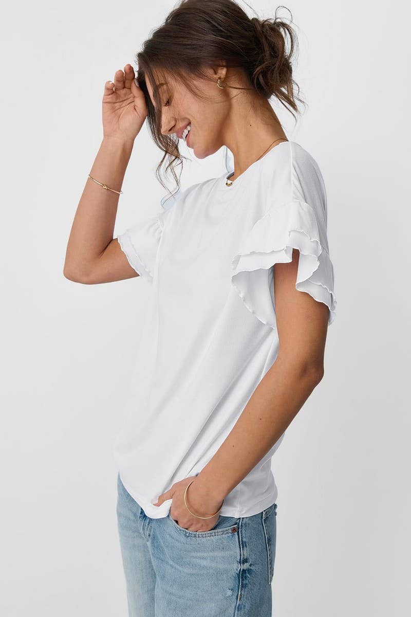 CWTBLS1620_SOLID COLOR ROUND NECK RUFFLE SLEEVE TOP