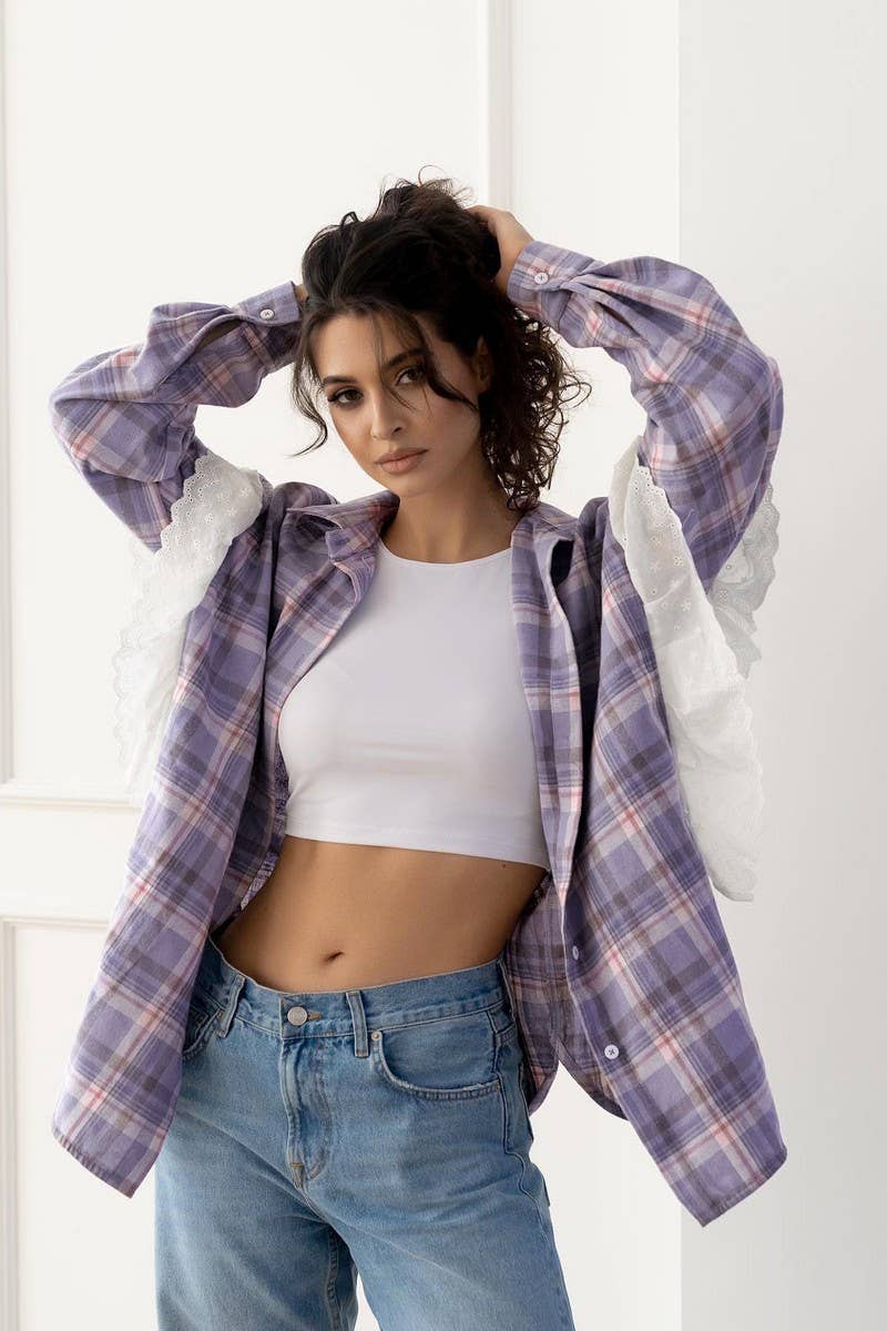 CWTBLL00586_FRESH LACE LOOSE LONG-SLEEVED PLAID SHIRT