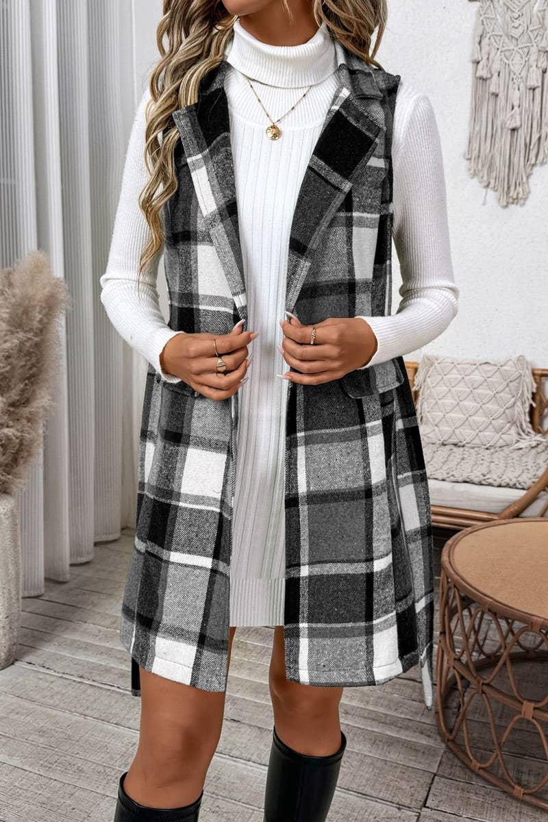 CWOV0570_PLAID TIE WAIST SUIT COLLAR SLEEVELESS LONG VEST
