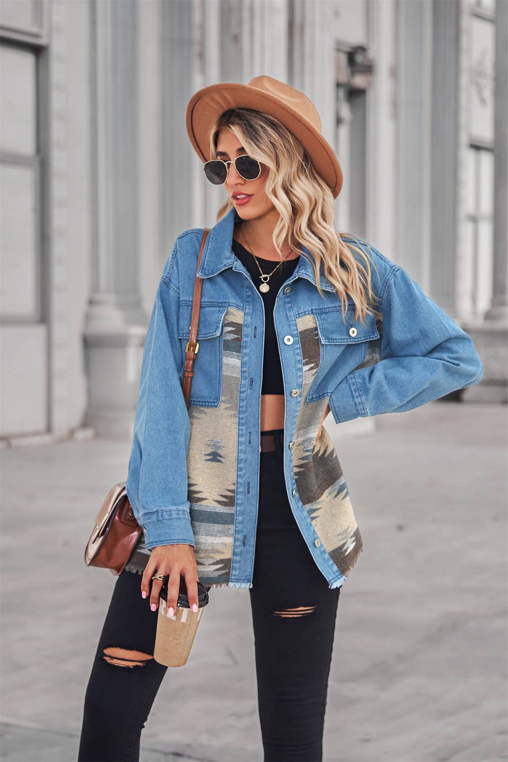 Denim patchwork lapel button-down woolen coat