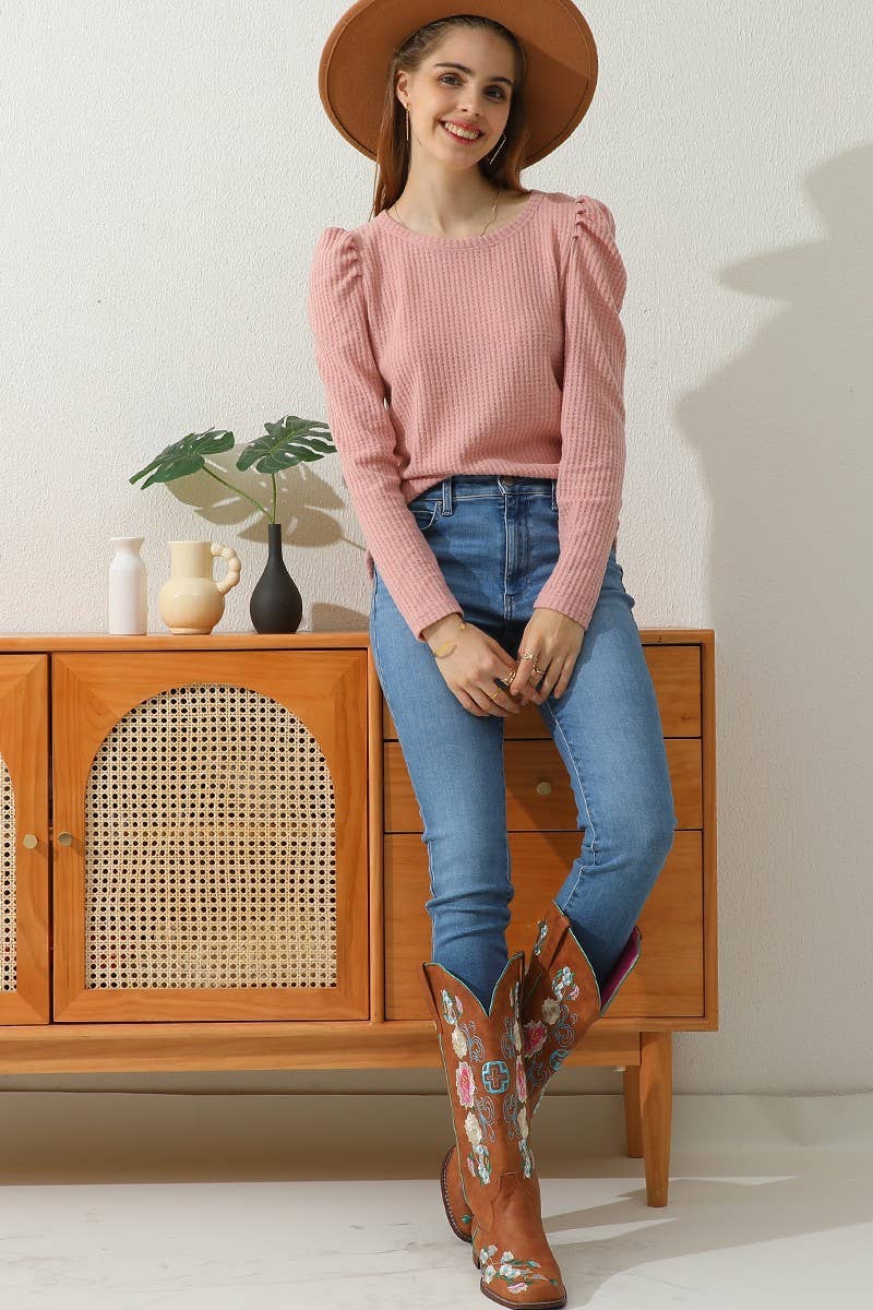 CWTTL913_PUFF SHIRRING LONG SLEEVE KNIT TUNIC WAFFLE TOP