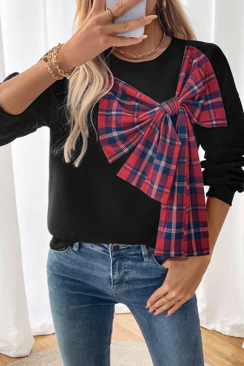 CWTBLL3732_BOW TIE THICKENED ROUND NECK PLAID SWEATSHIRT