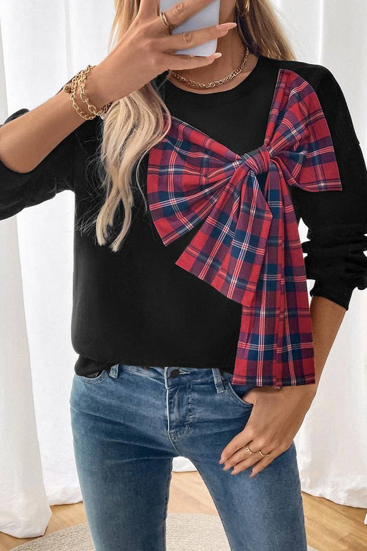 CWTBLL3732_BOW TIE THICKENED ROUND NECK PLAID SWEATSHIRT