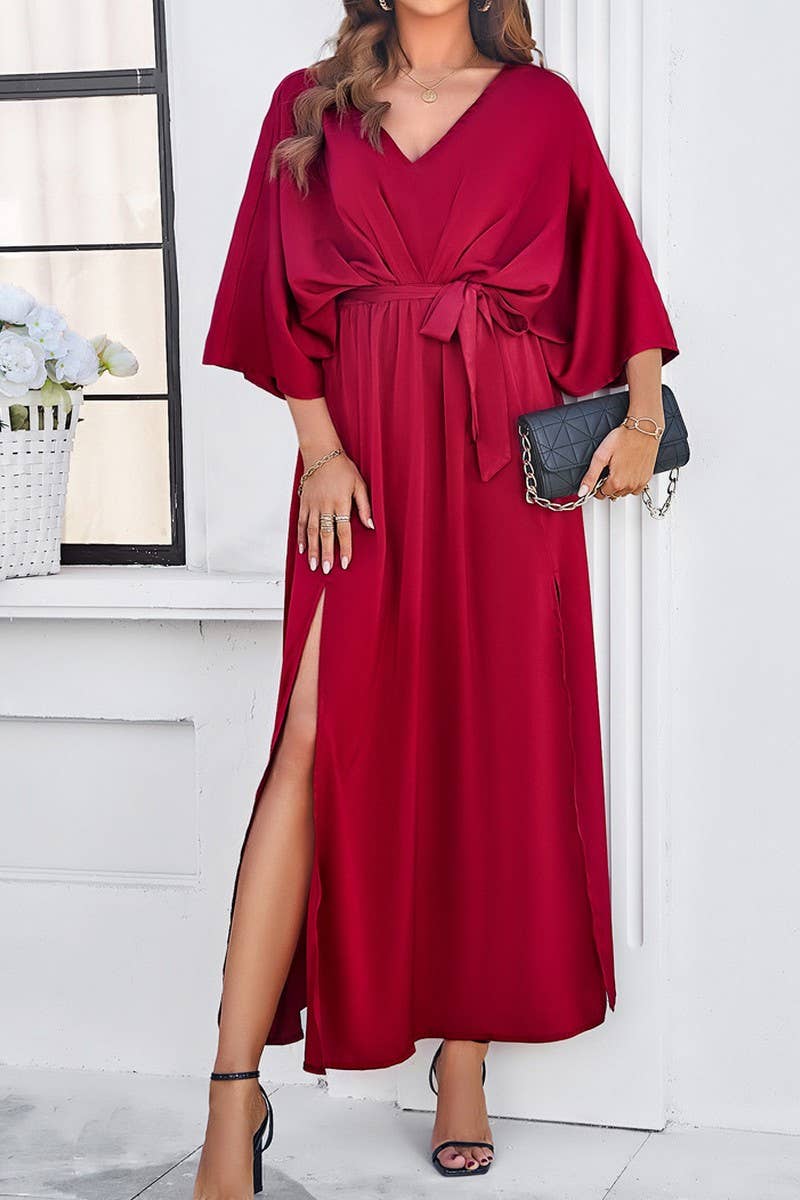 CWDMD1334_V-Neck 3/4 Sleeve With Belt Maxi Dresses
