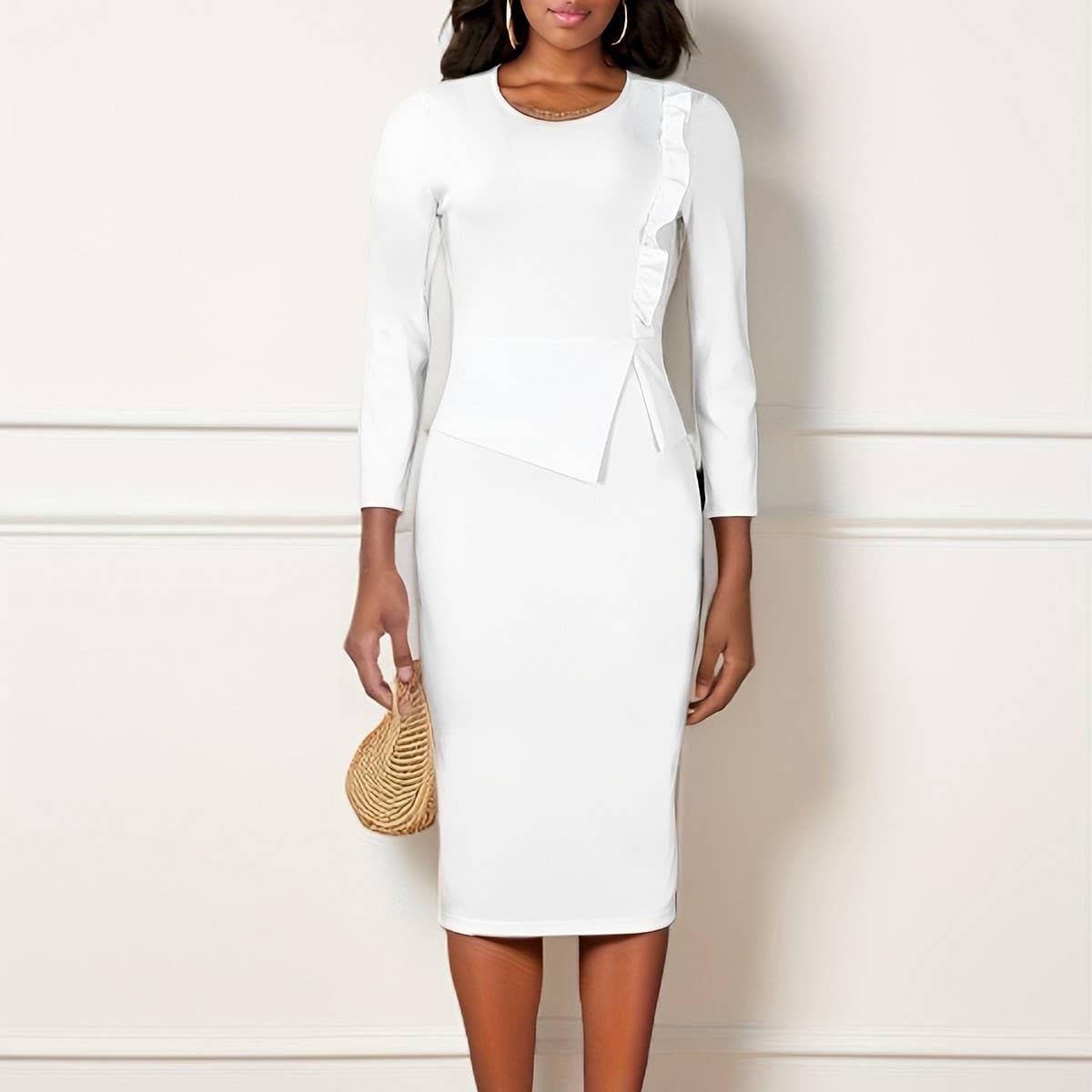 RUFFLE HEM SOLID COLOR ROUND NECK HIP DRESS