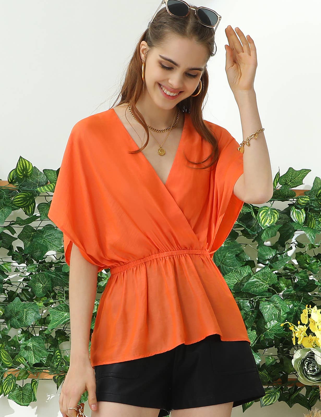 CWTBLS205_V NECK BATWING SLEEVE SLIK BLOUSE TOP