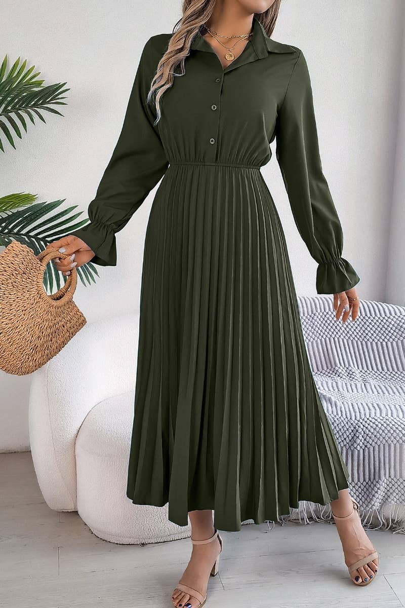 CWDMD3944_FALL PLEATED LONG-SLEEVED SHIRT-WAIST DRESS