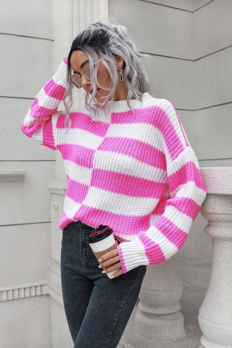 CWOSWL4084_STRIPED LONG-SLEEVED CREW NECK KNITTED SWEATER
