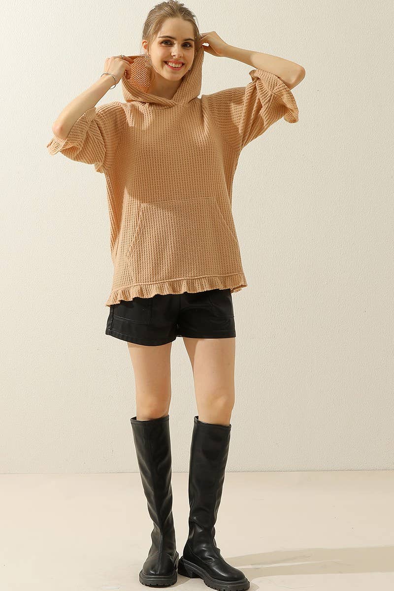 CWOHOL427_HOODED 3/4 RUFFLED SLEEVE KNIT SWEATER WITH POCKET