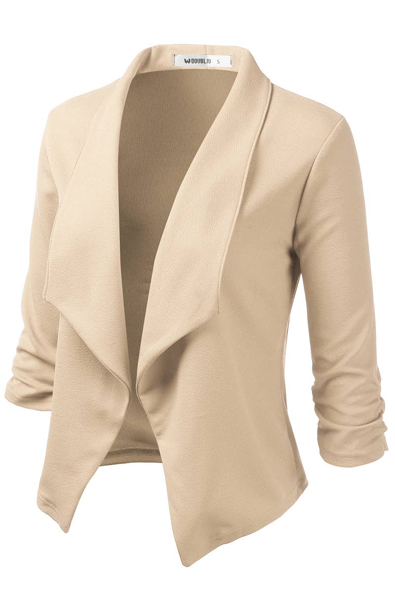 CWOBL091_Casual Work Ruched 3/4 Slv Open Front Blazer Jacket