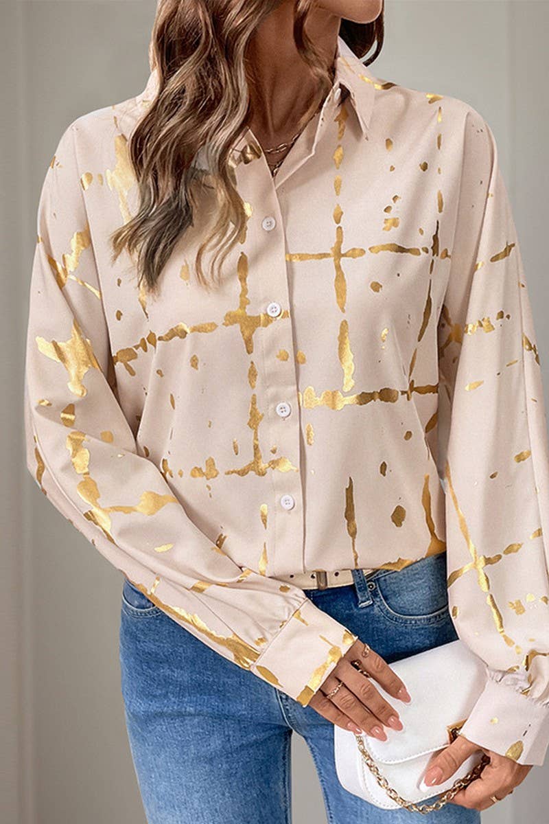 CWTSTL1869_LOOSE LONG-SLEEVED LAPEL GOLD-STAMPED SHIRT