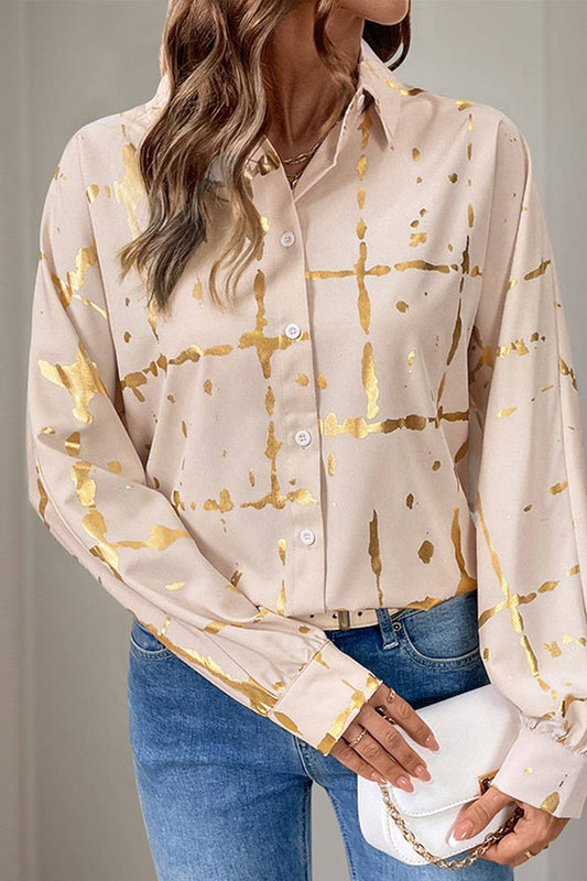 CWTSTL1869_LOOSE LONG-SLEEVED LAPEL GOLD-STAMPED SHIRT