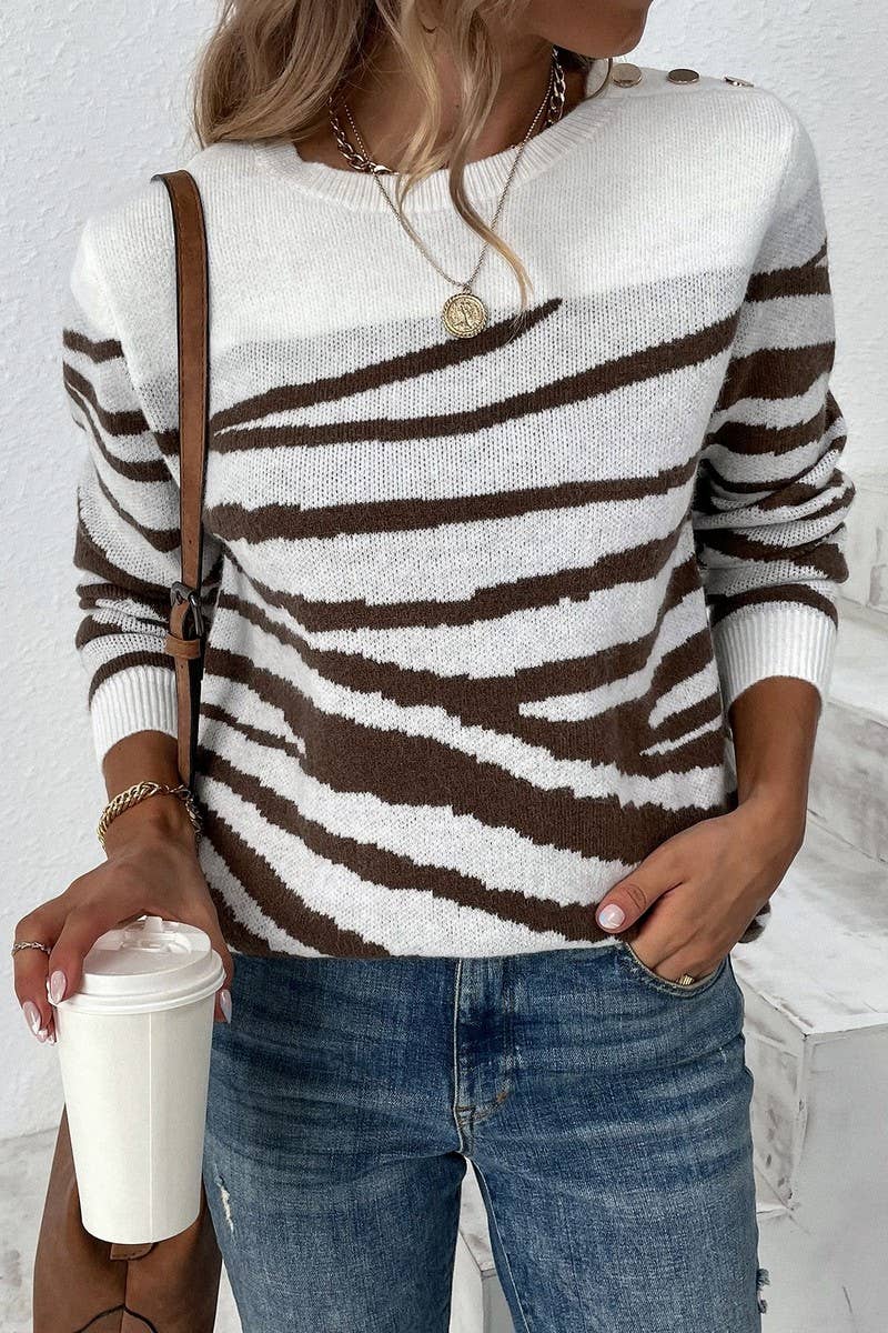 CWOSWL6941_COLORBLOCK ZEBRA PRINT CREW NECK KNIT TOP
