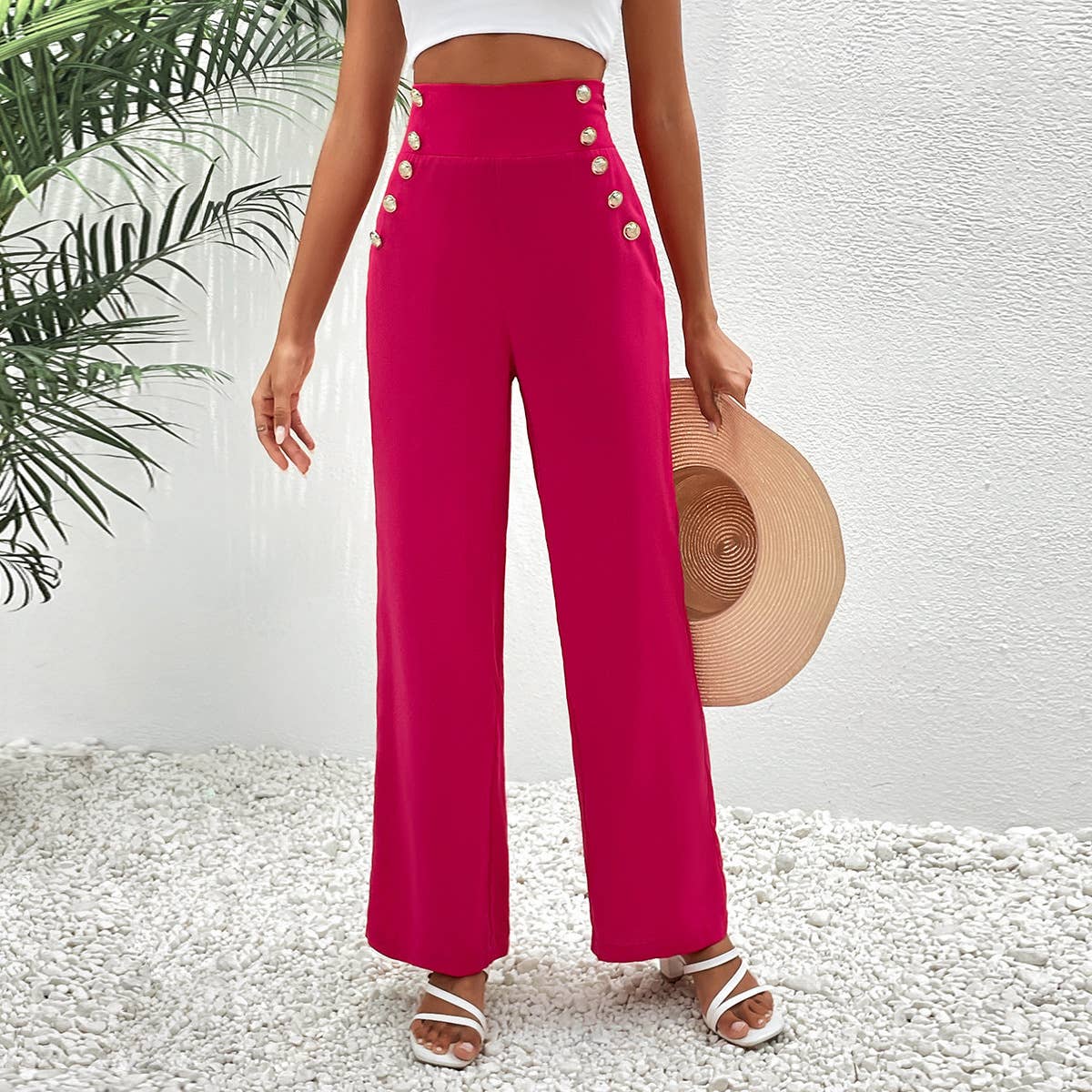 Embellished button-up wide-leg pants