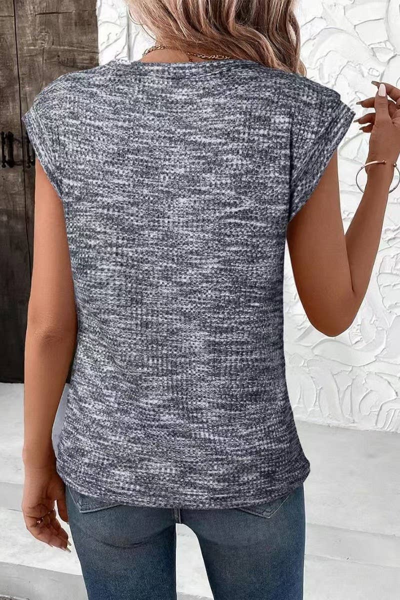 CWTBLS1770_WAFFLE CREW NECK SOLID COLOR SHORT SLEEVE TOP