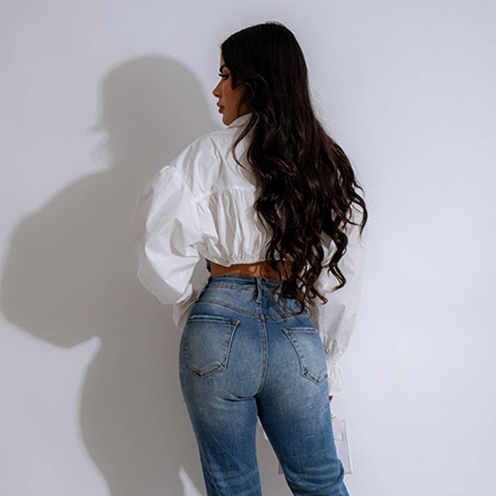 DENIM PATCHWORK SHIRT WITH CROP HORN SLEEVES