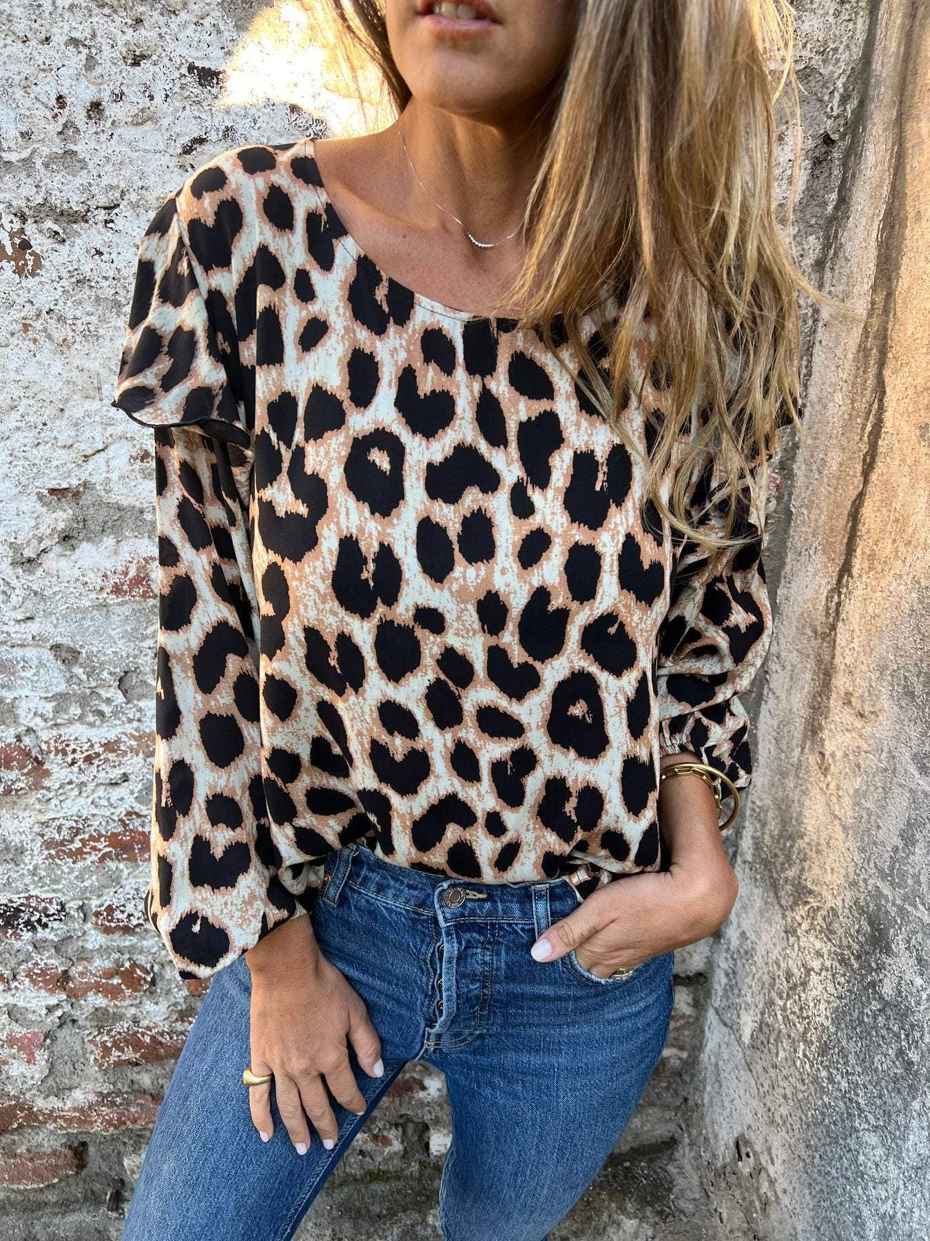 CHIFFON LEOPARD PRINT LONG-SLEEVED LOOSE T-SHIRT